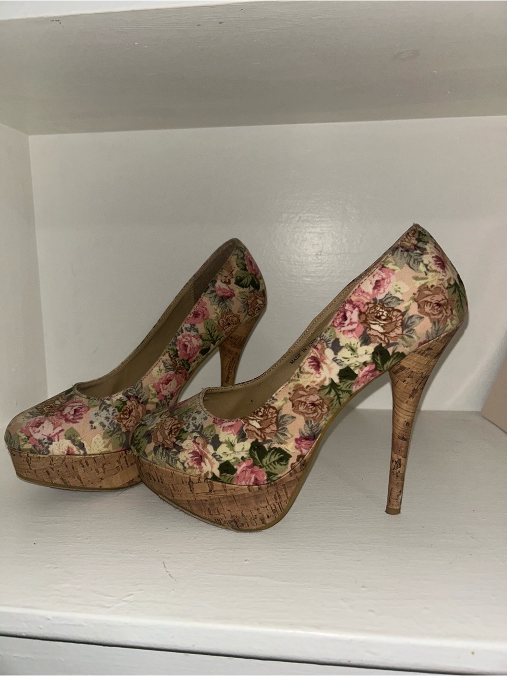 Forever 21 Floral Cork Platform Heels - Pink, Green, Brown